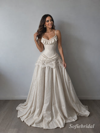 Sweetheart Spaghetti Strap Satin A-Line Wedding Dress, Lace Ruffle Overlay Floor Length Bridal Gown,SFWD0119