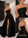 Strapless Draped Satin A Line Evening Dress, High Slit Black Formal Gown, PD13966
