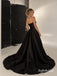 Strapless Draped Satin A Line Evening Dress, High Slit Black Formal Gown, PD13966