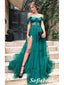 Sexy Tulle Off Shoulder Spaghetti Straps Side Slit A-Line Long Prom Dresses With Applique, PD0939