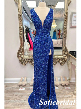 Sexy Sequin Spaghetti Straps V-Neck Lace Up Back Side Slit Mermaid Long Prom Dresses, PD0974