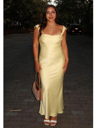 Buttery Yellow Soft Satin Square Neck Midi Dress Elegant Prom Dress, PD01217