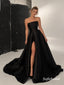 Strapless Draped Satin A Line Evening Dress, High Slit Black Formal Gown, PD13966