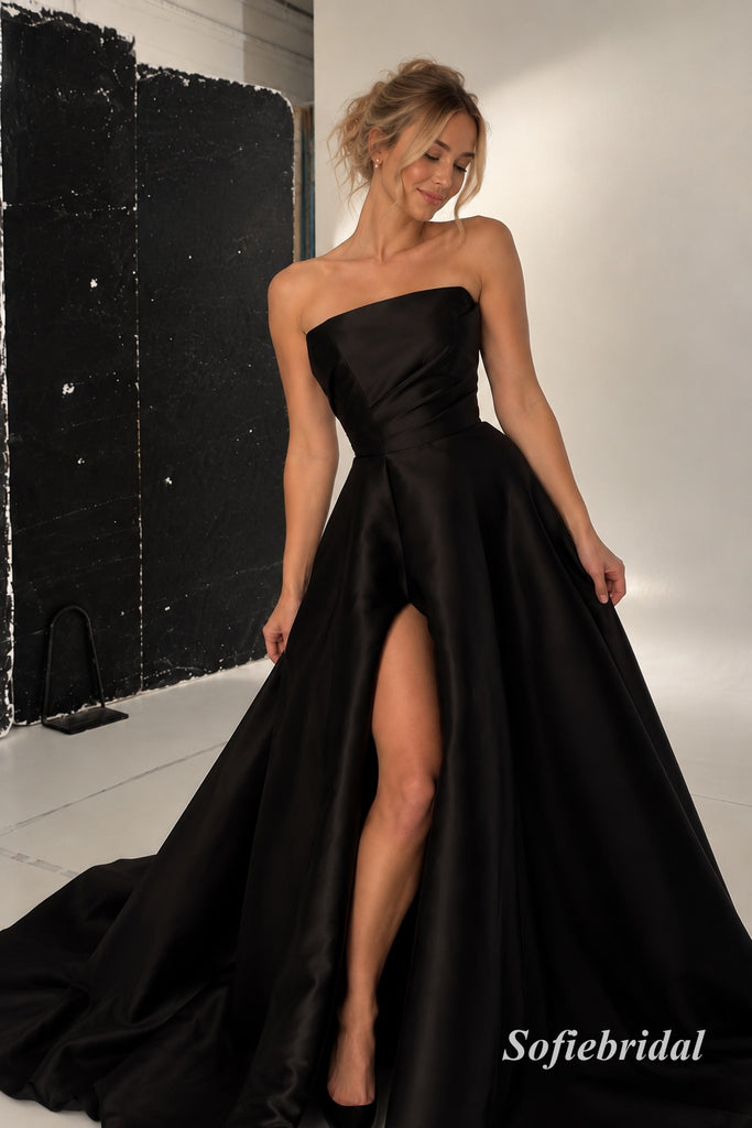 Strapless Draped Satin A Line Evening Dress, High Slit Black Formal Gown, PD13966