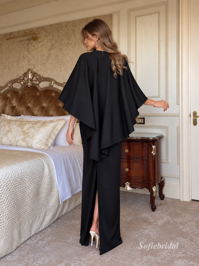 Black High Neck Cape Sleeve Mermaid Evening Gown, Slim Fit Formal Prom Dress, PD13932