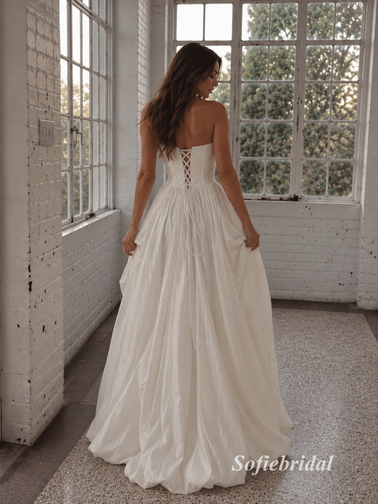 Strapless Sweetheart Corset Satin A-Line Wedding Dress, High Slit Bridal Gown, SFWD0139