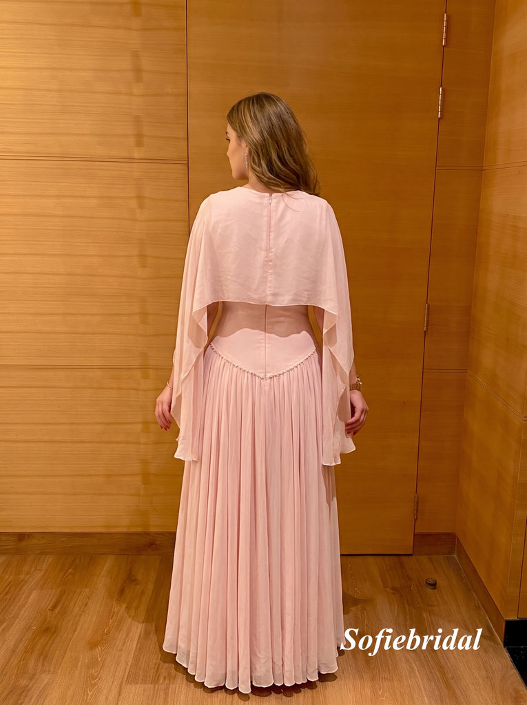 Light Pink Cape Sleeve Chiffon A Line Flowy Evening Dress, PD13970