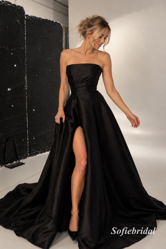 Strapless Draped Satin A Line Evening Dress, High Slit Black Formal Gown, PD13966