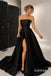 Strapless Draped Satin A Line Evening Dress, High Slit Black Formal Gown, PD13966
