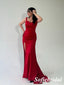 Sexy Red Soft Satin Spaghetti Straps Sleeveless Side Slit Mermaid Floor Length Bridesmaid Dresses With Train, SFWG00590
