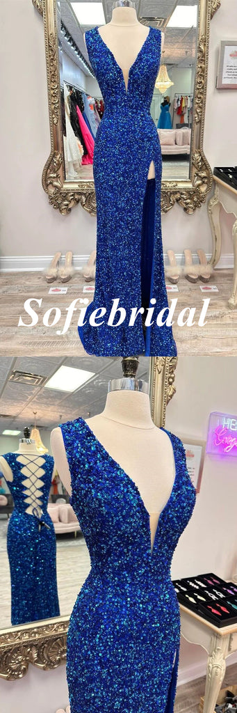 Sexy Sequin Spaghetti Straps V-Neck Lace Up Back Side Slit Mermaid Long Prom Dresses, PD0974