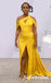 Stunning Yellow Soft Satin Asymmetrical Neck Bridesmaid Dress with High Slit, SFWG00621