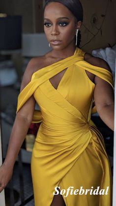 Stunning Yellow Soft Satin Asymmetrical Neck Bridesmaid Dress with High Slit, SFWG00621