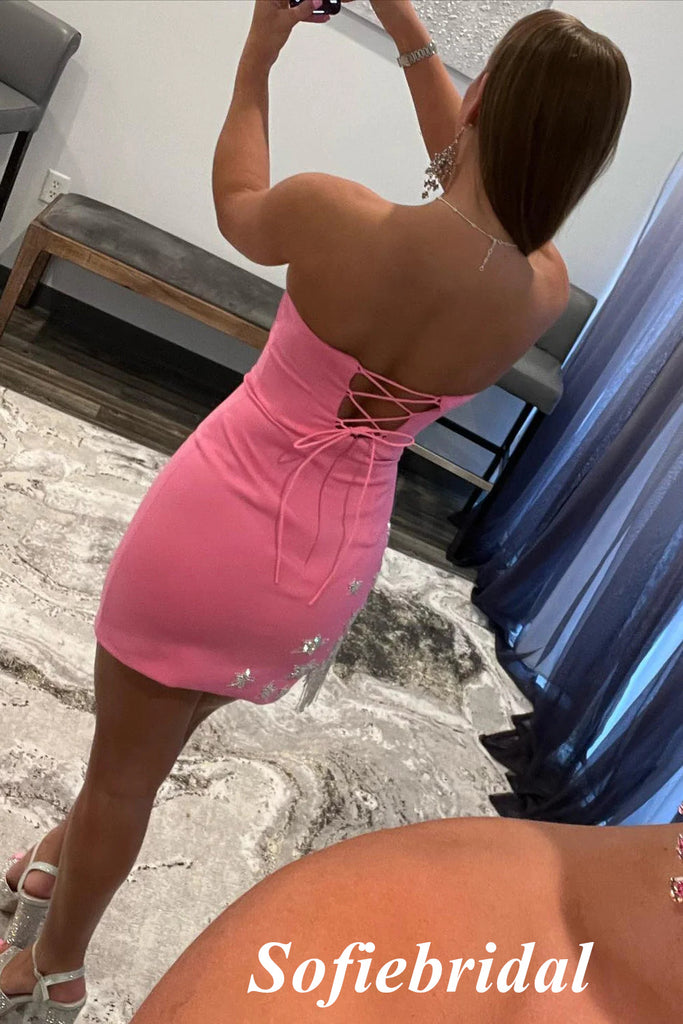 Sexy Pink Sweetheart Lace Up Sheath Mini Dresses/ Homecoming Dresses With Star Accessories, HD0249