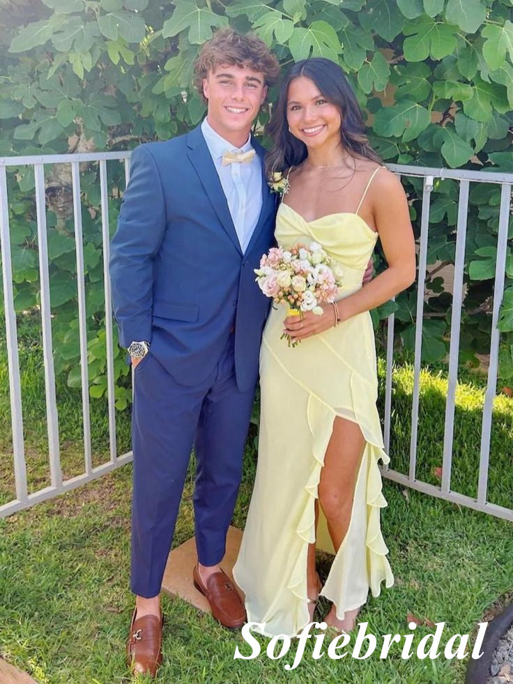 Pale Yellow Chiffon Ruffled Spaghetti Strap High Slit Maxi Dress for Prom, PD01244