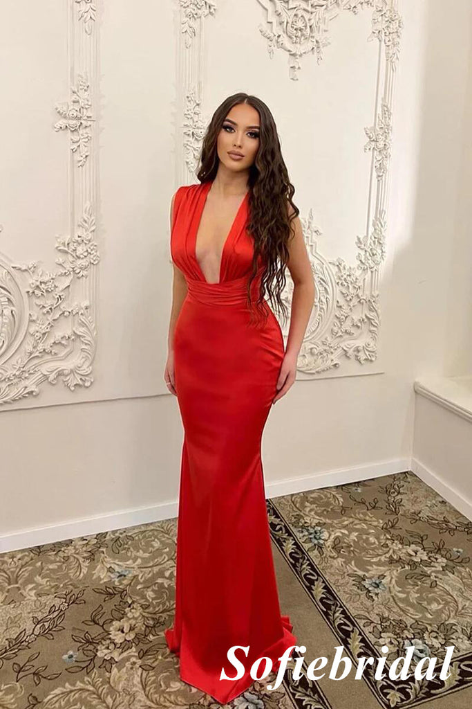 Sexy Red Soft Satin Spaghetti Straps V-Neck Sleeveless Mermaid Long Prom Dresses, PD0963