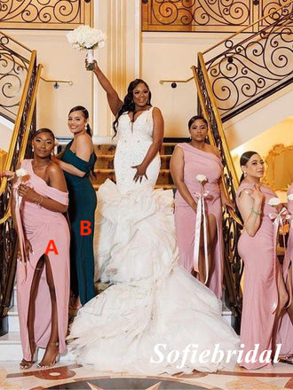 Sexy Stretchy Jersey Mismatched Sleeveless Side Slit Mermaid Floor Length Bridesmaid Dresses, SFWG00512