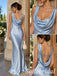 Dusty Blue Satin Cowl Neck Mermaid Long Formal Dress, SFWG00715