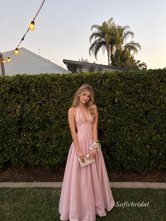 Blush Halter Deep V Satin Ball Gown, A-Line Formal Prom Evening Dress, PD13933