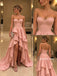 Dusty Pink Strapless Pearl Trim Satin High Low Gown, Ruffle Skirt Formal Prom Dress, PD13941