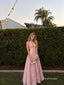 Blush Halter Deep V Satin Ball Gown, A-Line Formal Prom Evening Dress, PD13933