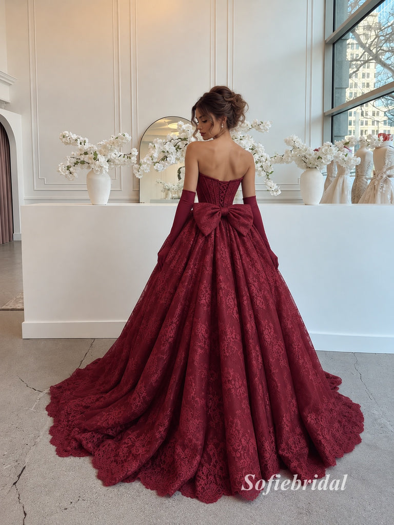 Strapless Sweetheart Lace A-Line Evening Dress, Corset Bodice With Matching Gloves Burgundy Formal Gown, PD13959
