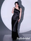 Sexy Black Soft Satin One Shoulder Sleeveless Mermaid Floor Length Bridesmaid Dresses, SFWG00591