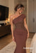 One Shoulder Draped Brown Beaded Chiffon Mermaid Evening Gown, PD13971