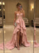 Dusty Pink Strapless Pearl Trim Satin High Low Gown, Ruffle Skirt Formal Prom Dress, PD13941