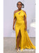 Stunning Yellow Soft Satin Asymmetrical Neck Bridesmaid Dress with High Slit, SFWG00621