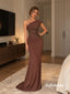One Shoulder Draped Brown Beaded Chiffon Mermaid Evening Gown, PD13971