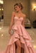 Dusty Pink Strapless Pearl Trim Satin High Low Gown, Ruffle Skirt Formal Prom Dress, PD13941