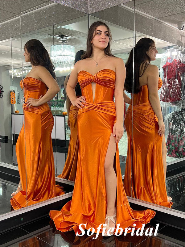 sexy orange dresses Sexy Orange Soft Satin Sweetheart Side Slit Mermaid Long Prom Dresses, – SofieBridal