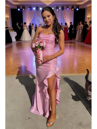 Sexy Soft Satin Sweetheart Sleeveless Ruffled Side Slit Mermaid Maxi Prom Dress/Graduation Dresses, PD01184