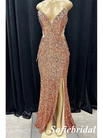 Sexy Sequin Spaghetti Straps V-Neck Lace Up Back Side Slit Mermaid Long Prom Dresses, PD0975