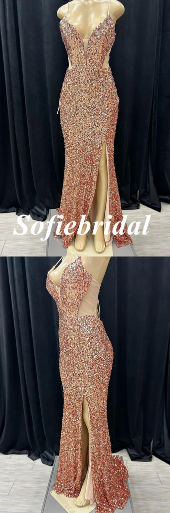 Sexy Sequin Spaghetti Straps V-Neck Lace Up Back Side Slit Mermaid Long Prom Dresses, PD0975