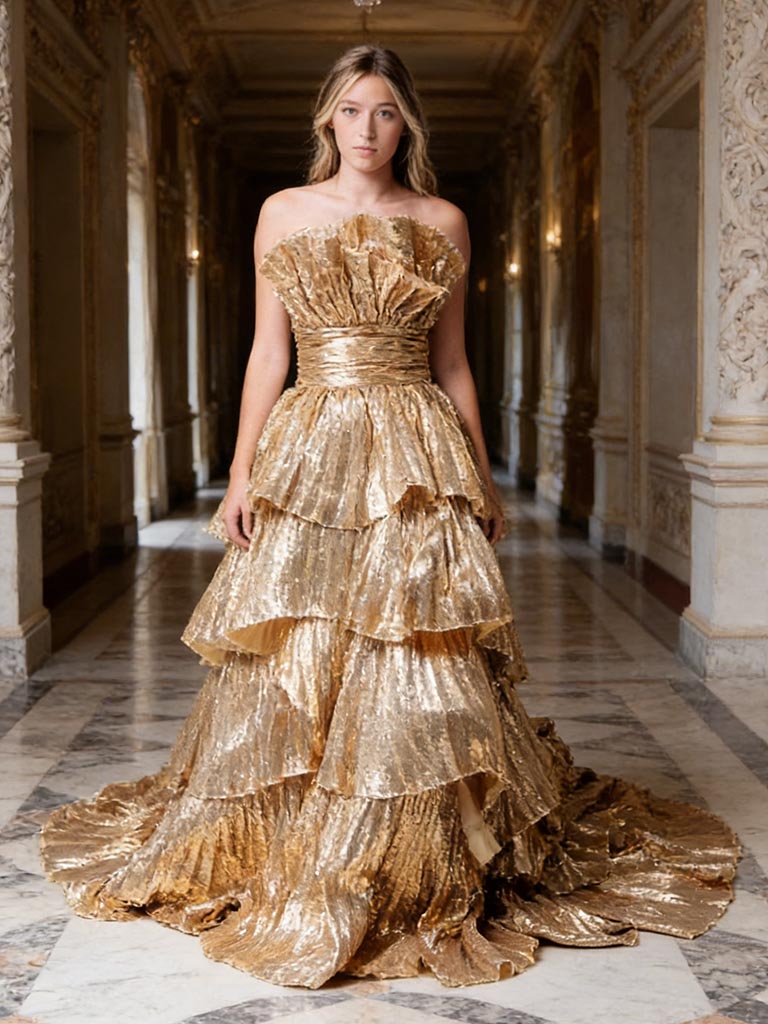Gold Ruffled Tiered Strapless Ball Gown Luxurious Elegant Prom Gala Dress, PD01218