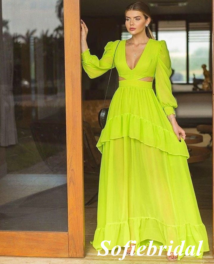 Lime Green V-Neck Long Sleeve Ruffled A-Line Maxi Dress with Cutout Waist, PD01239