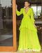 Lime Green V-Neck Long Sleeve Ruffled A-Line Maxi Dress with Cutout Waist, PD01239