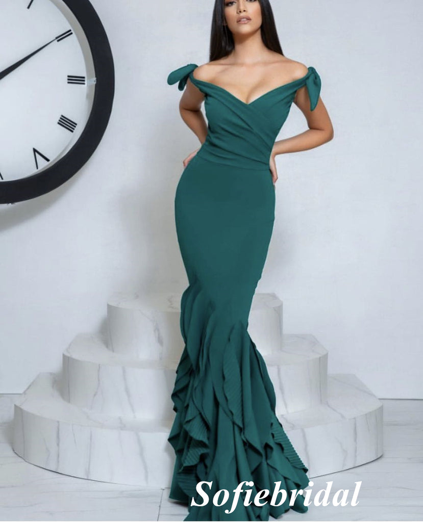 Sexy  Jersey Mermaid Off Shoulder V-Neck Stretchy Long Formal Prom Dresses, PD0912