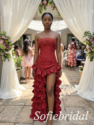 Burgundy Jacquard Strapless Beaded Fringe Corset High Low Ruffled Floor Length Sheath Prom Gown,PD1355