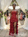 Burgundy Jacquard Strapless Beaded Fringe Corset High Low Ruffled Floor Length Sheath Prom Gown,PD1355