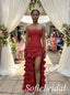 Burgundy Jacquard Strapless Beaded Fringe Corset High Low Ruffled Floor Length Sheath Prom Gown,PD1355