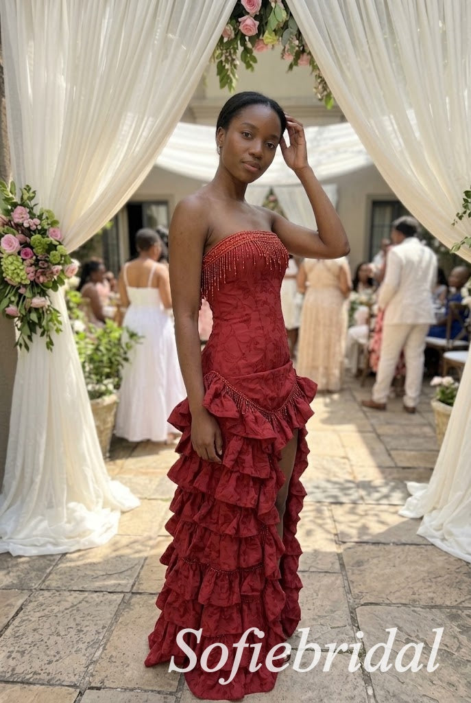 Burgundy Jacquard Strapless Beaded Fringe Corset High Low Ruffled Floor Length Sheath Prom Gown,PD1355