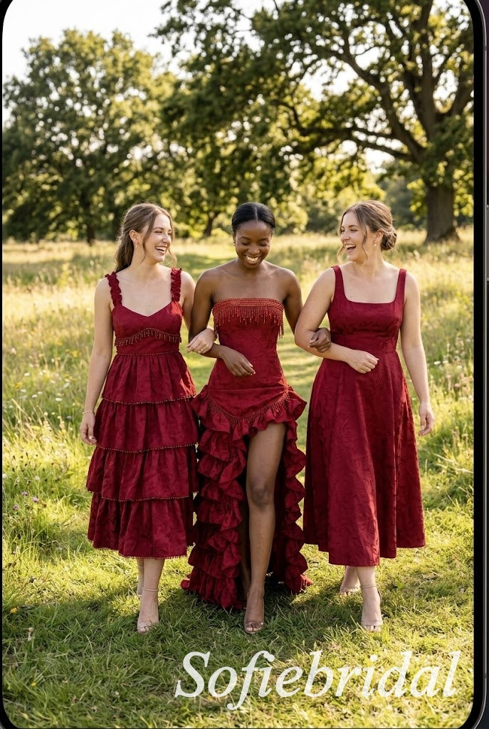 Burgundy Jacquard Strapless Beaded Fringe Corset High Low Ruffled Floor Length Sheath Prom Gown,PD1355