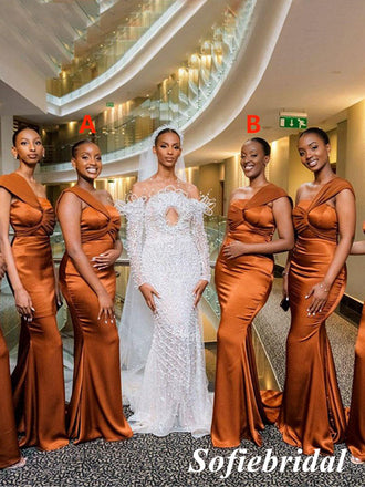 Sexy Mismatched Soft Satin One Shoulder Sleeveless Mermaid Floor Length Bridesmaid Dresses, SFWG00518