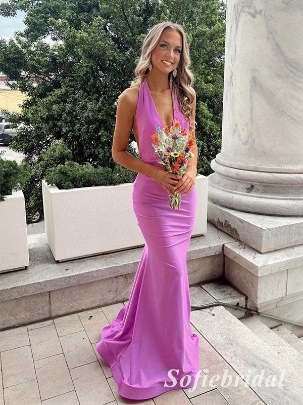 Sexy Satin Halter V-Neck Sleeveless Mermaid Long Prom Dresses, PD0906