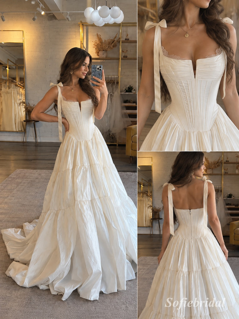 Square Neck Bow Strap Tiered Satin Wedding Dress, Corset Bodice Floor Length A-Line Bridal Gown,SFWD0120