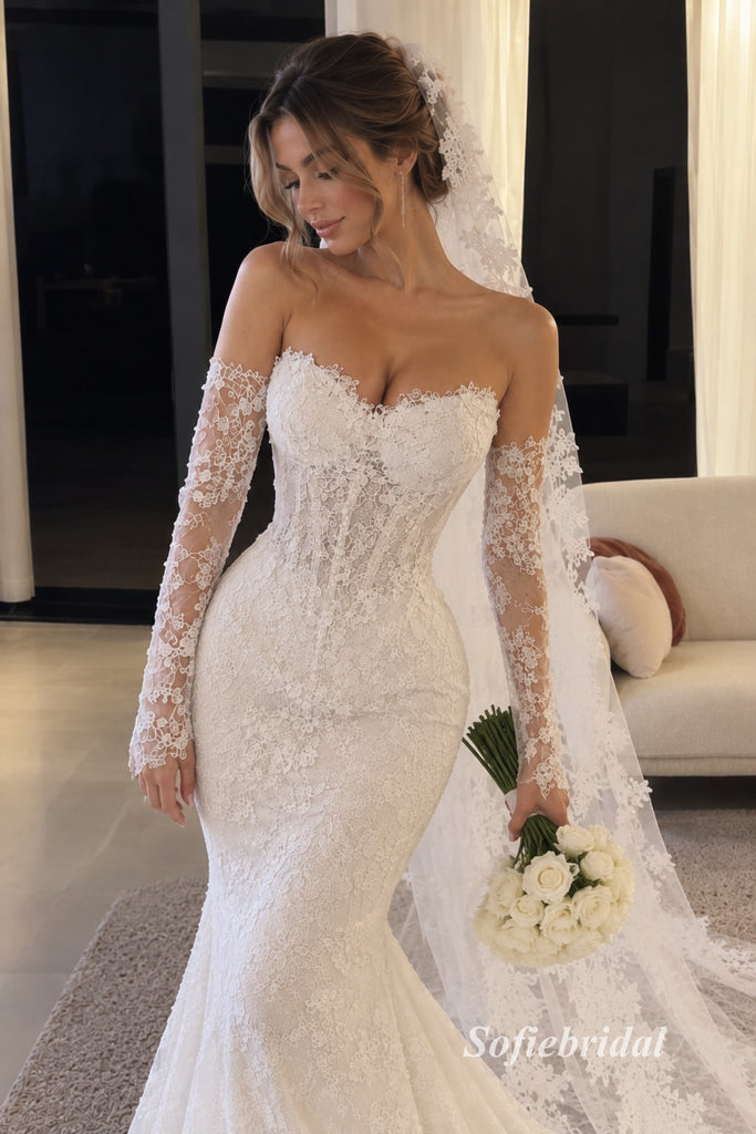 Strapless Sweetheart Lace Mermaid Wedding Dress, Long Lace Veil & Cathedral Train Bridal Gown, SFWD0140