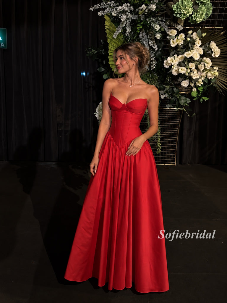 Red Strapless Sweetheart Satin Ball Gown, Structured Corset Bodice Evening Dress, PD13942